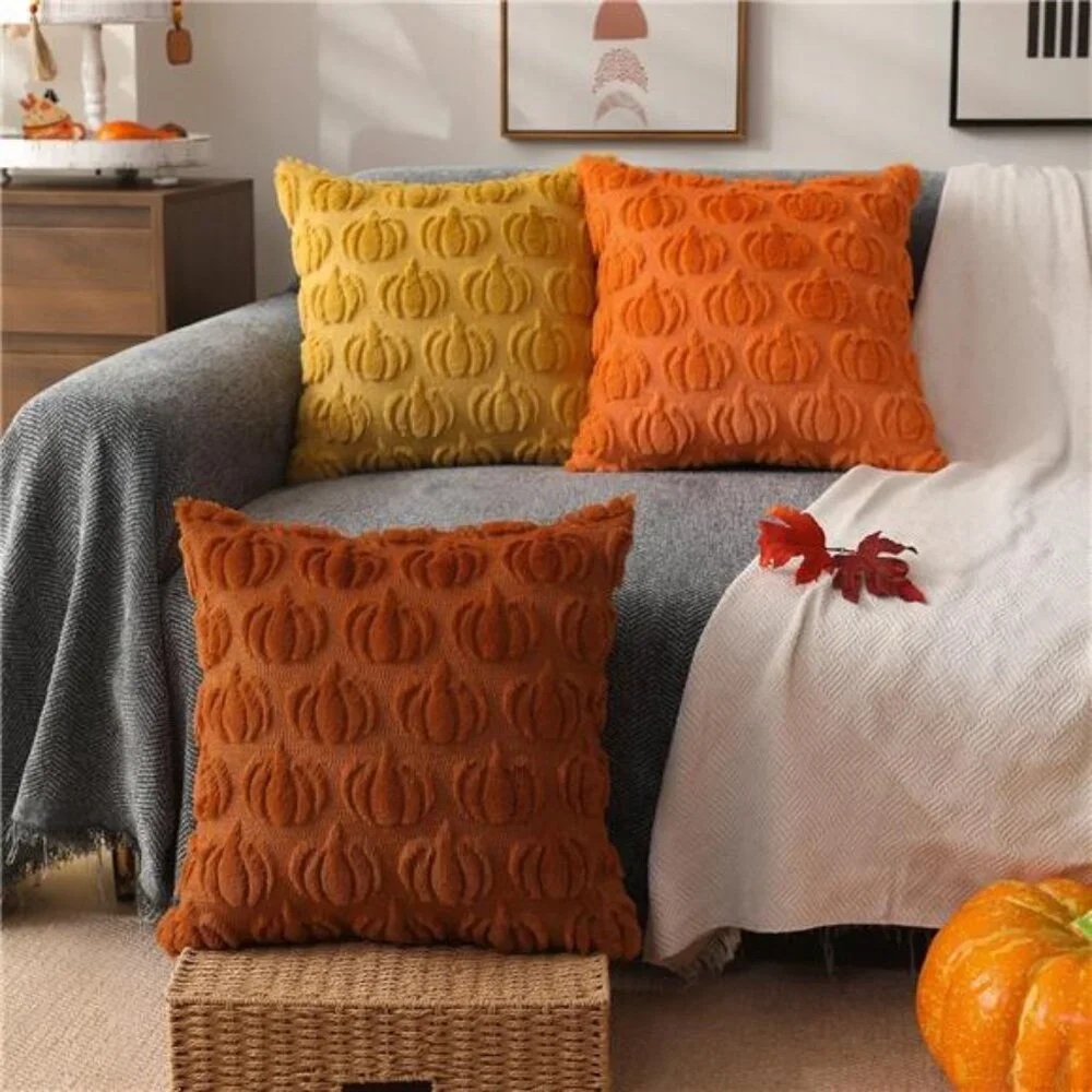 Set of 2 Fall Pillow Covers 18x18 - Pumpkin & Faux Fur Throw Pillow Cases for Ho